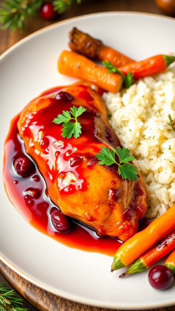 Festive Spiced Cranberry and Orange Glazed Chicken on a plate with vegetables and rice, garnished with parsley.